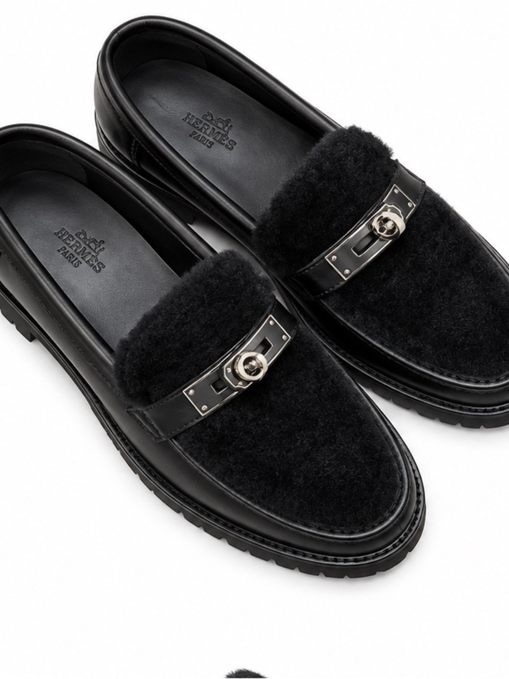 Women Black Hermes Leather Loafers